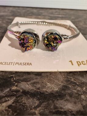 Bead Landing Silver Tone Cuff Bracelet with Rainbow Druzy Stone Ends New